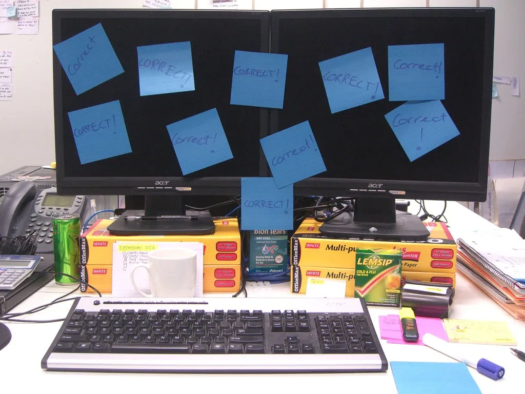 Sticky notes stuck across two monitors above a keyboard